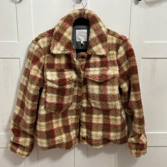 💖 Avec Les Filles Jackets &Coats: Plaid Faux Shearling Trucker Shacket size S - Picture 4 of 7